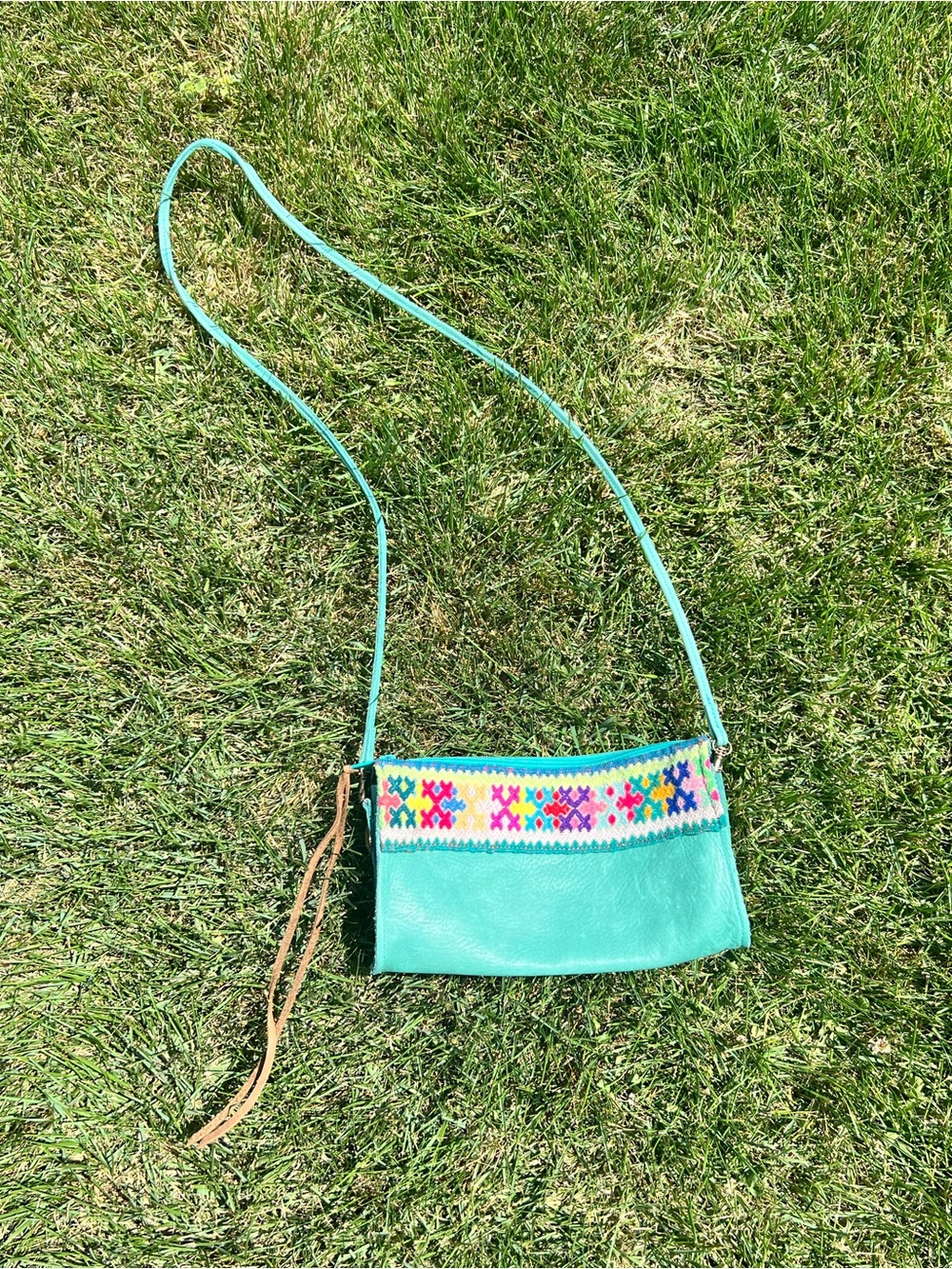 Turquoise Crossbody Bag with Colorful Embroidered Trim